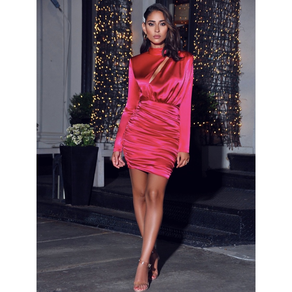 Long Sleeve Cut Out Fuchsia Satin Dress - Picture 1 of 6